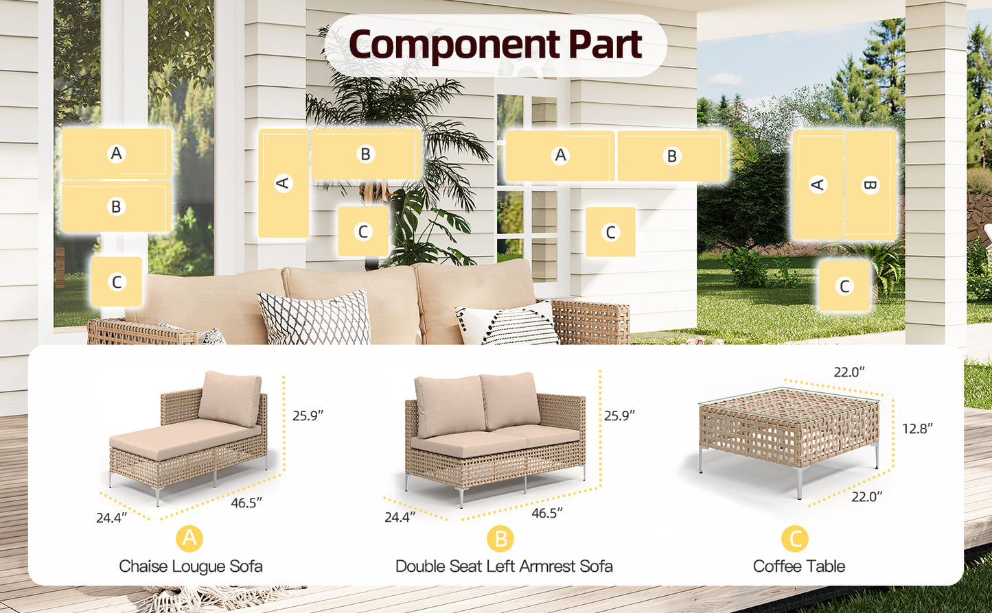 3-piece Wicker Furniture Sectional Sofa- Bohemian Style, Outdoor
