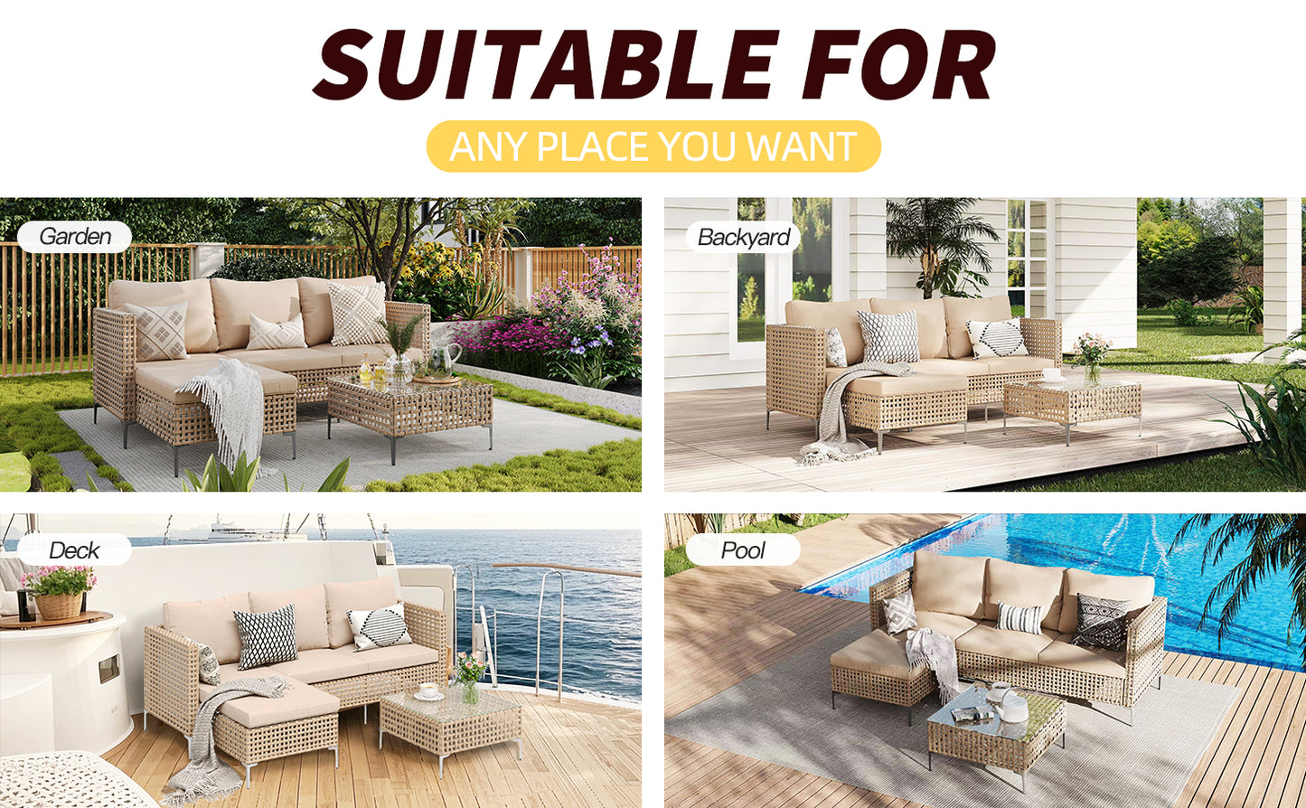 3-piece Wicker Furniture Sectional Sofa- Bohemian Style, Outdoor