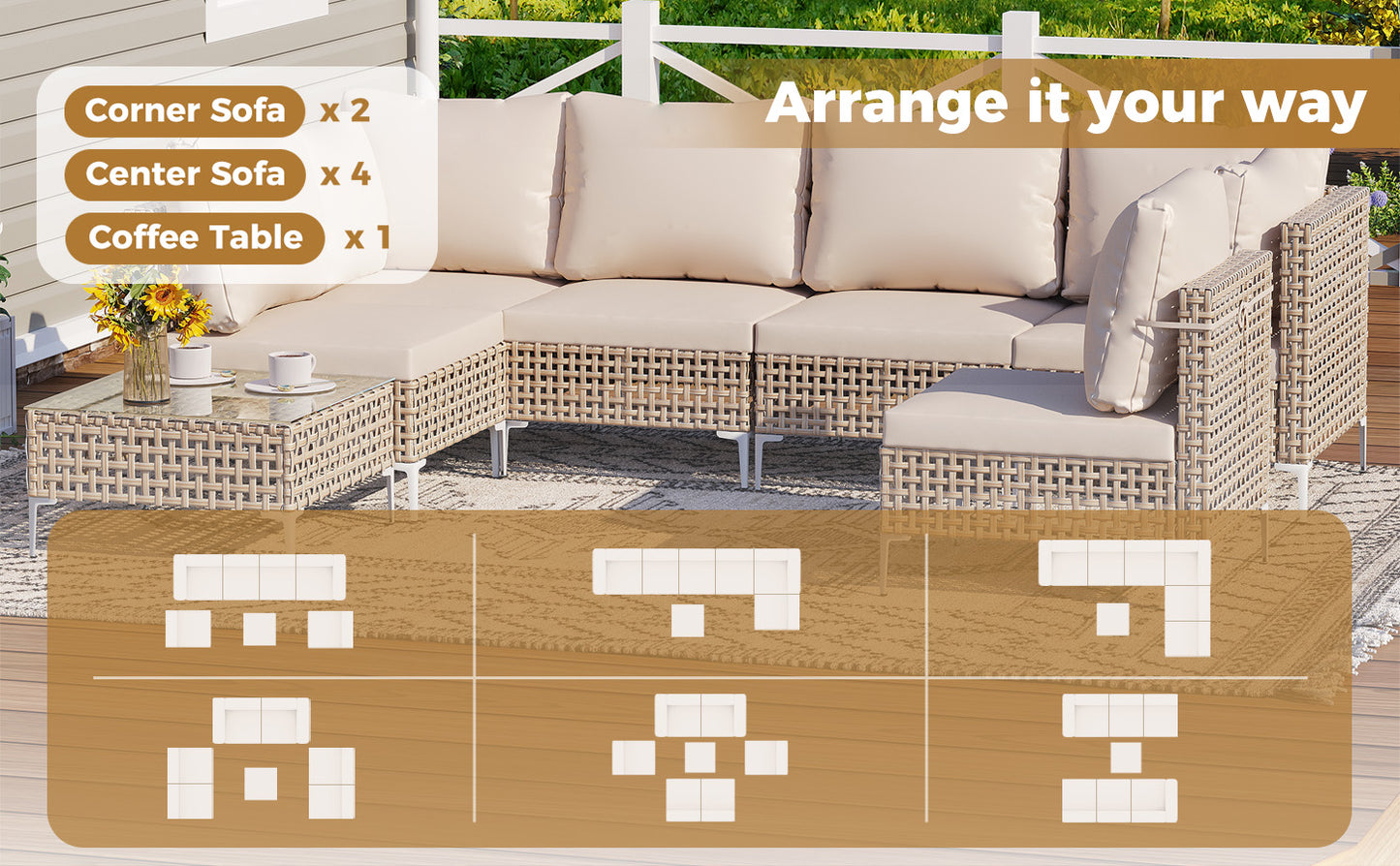 7-Piece Wicker Furniture Sectional Sofa- Bohemian Style, Outdoor