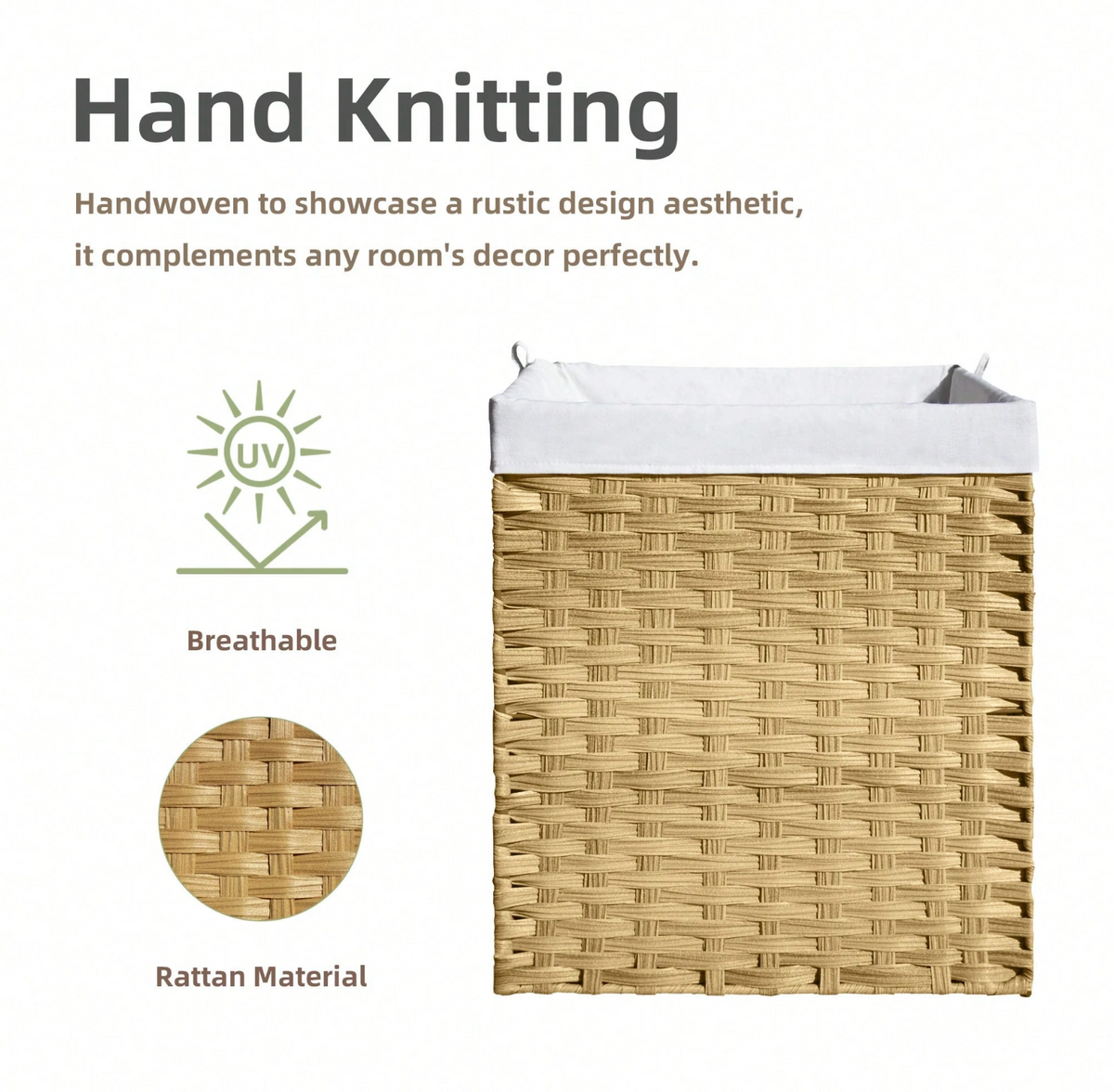 Boho Handcrafted Rattan Laundry Hamper with Dual Compartments, Liner & Lid