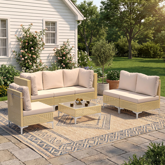Bohemian Outdoor Wicker Modular Sectional Sofa Set with Cushions – 3–9 Piece Configurations