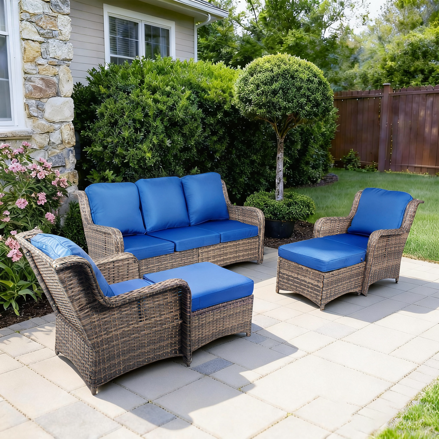 Luxury Double-Strand Wicker Patio Furniture Set with High-Back Seating & Cushions
