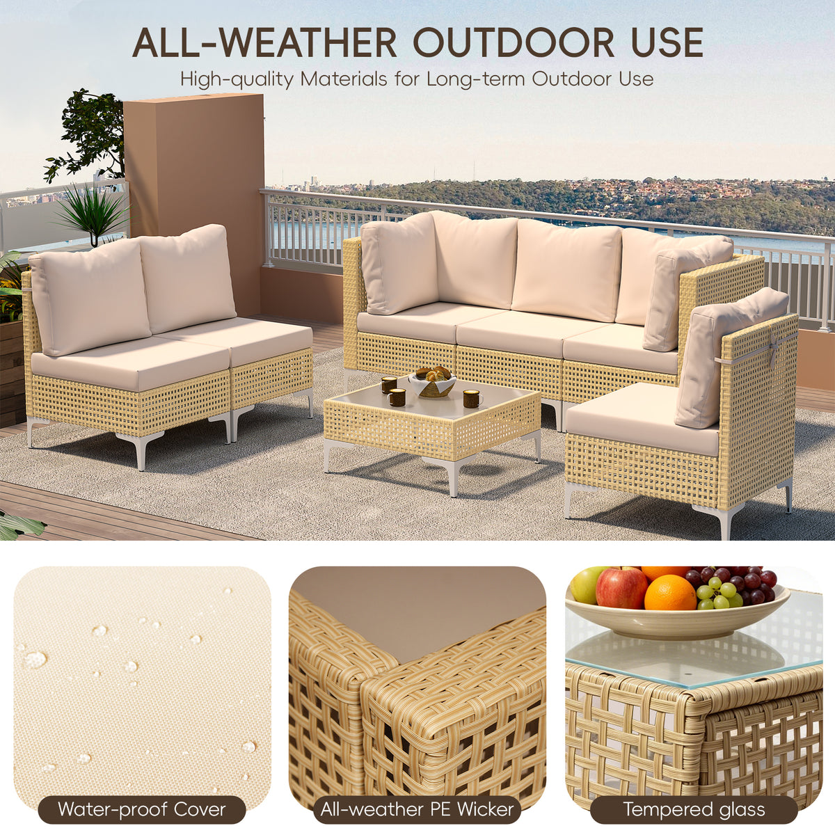 Bohemian Outdoor Wicker Modular Sectional Sofa Set with Cushions – 3–9 Piece Configurations