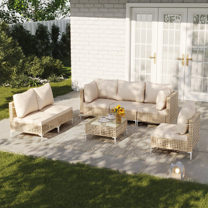7-Piece Wicker Furniture Sectional Sofa- Bohemian Style, Outdoor