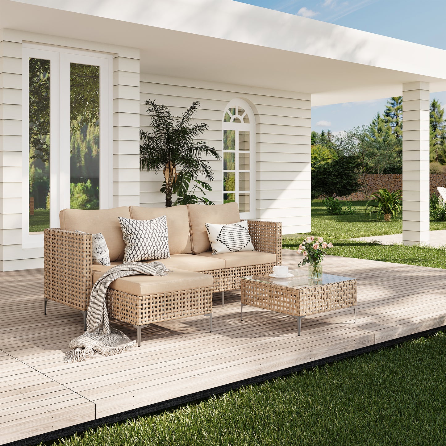 3-piece Wicker Furniture Sectional Sofa- Bohemian Style, Outdoor