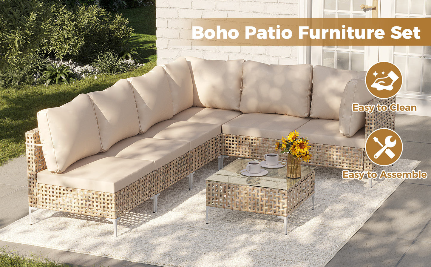 7-Piece Wicker Furniture Sectional Sofa- Bohemian Style, Outdoor