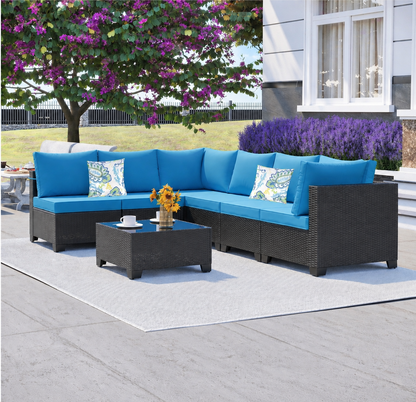 7-Piece Outdoor Wicker Patio Furniture Set with Sectional Sofa & Cushions