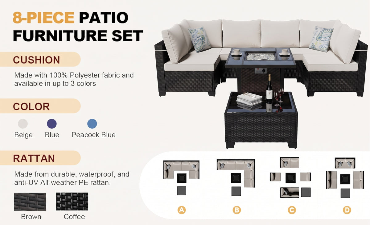 8-Piece Outdoor Wicker Patio Furniture Set with Sectional Sofa & Cushions