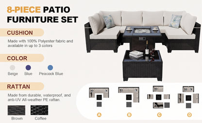 8-Piece Outdoor Wicker Patio Furniture Set with Sectional Sofa & Cushions