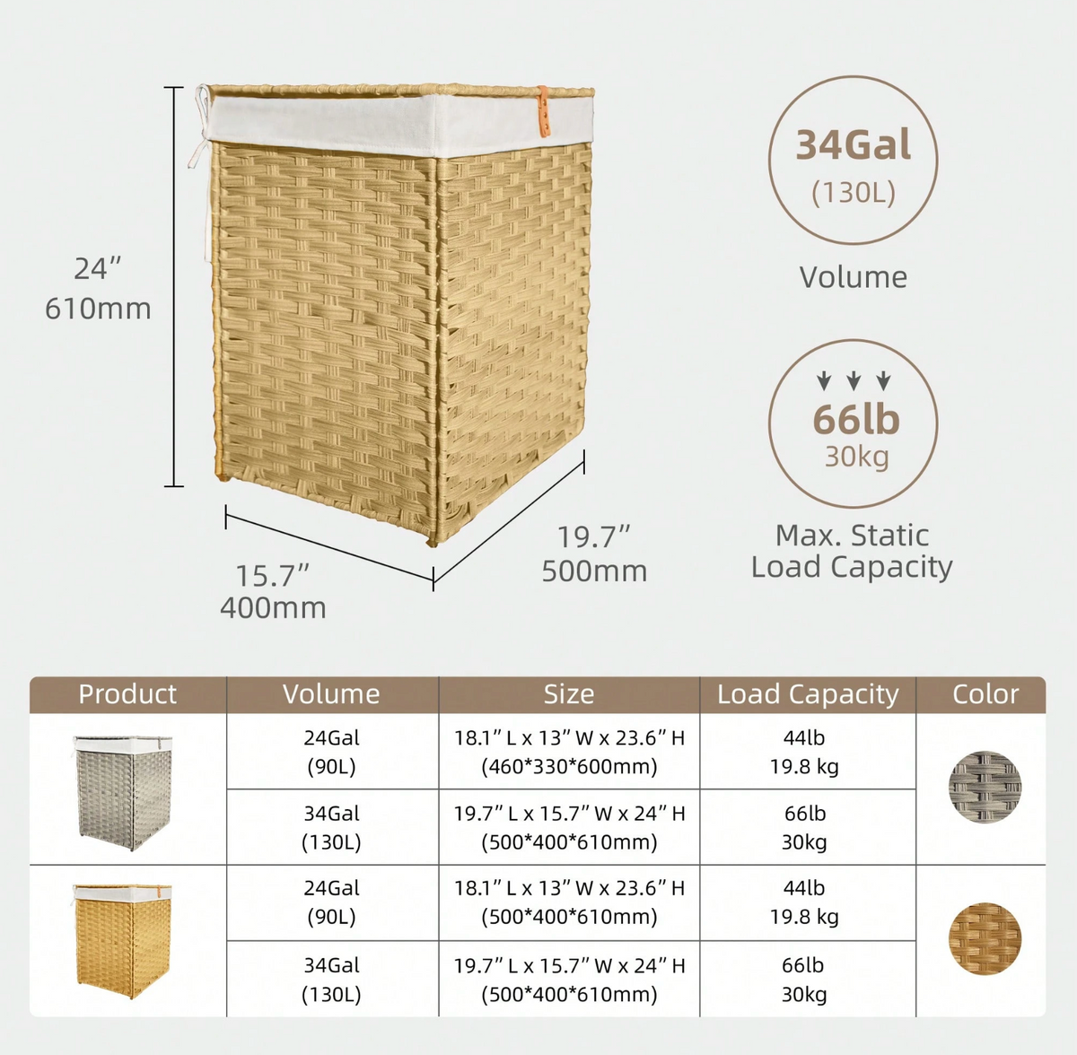 Boho Handcrafted Rattan Laundry Hamper with Dual Compartments, Liner & Lid
