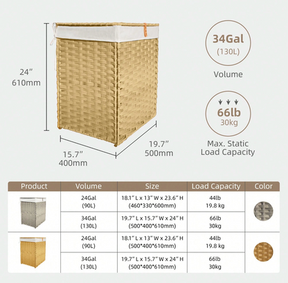 Boho Handcrafted Rattan Laundry Hamper with Dual Compartments, Liner & Lid
