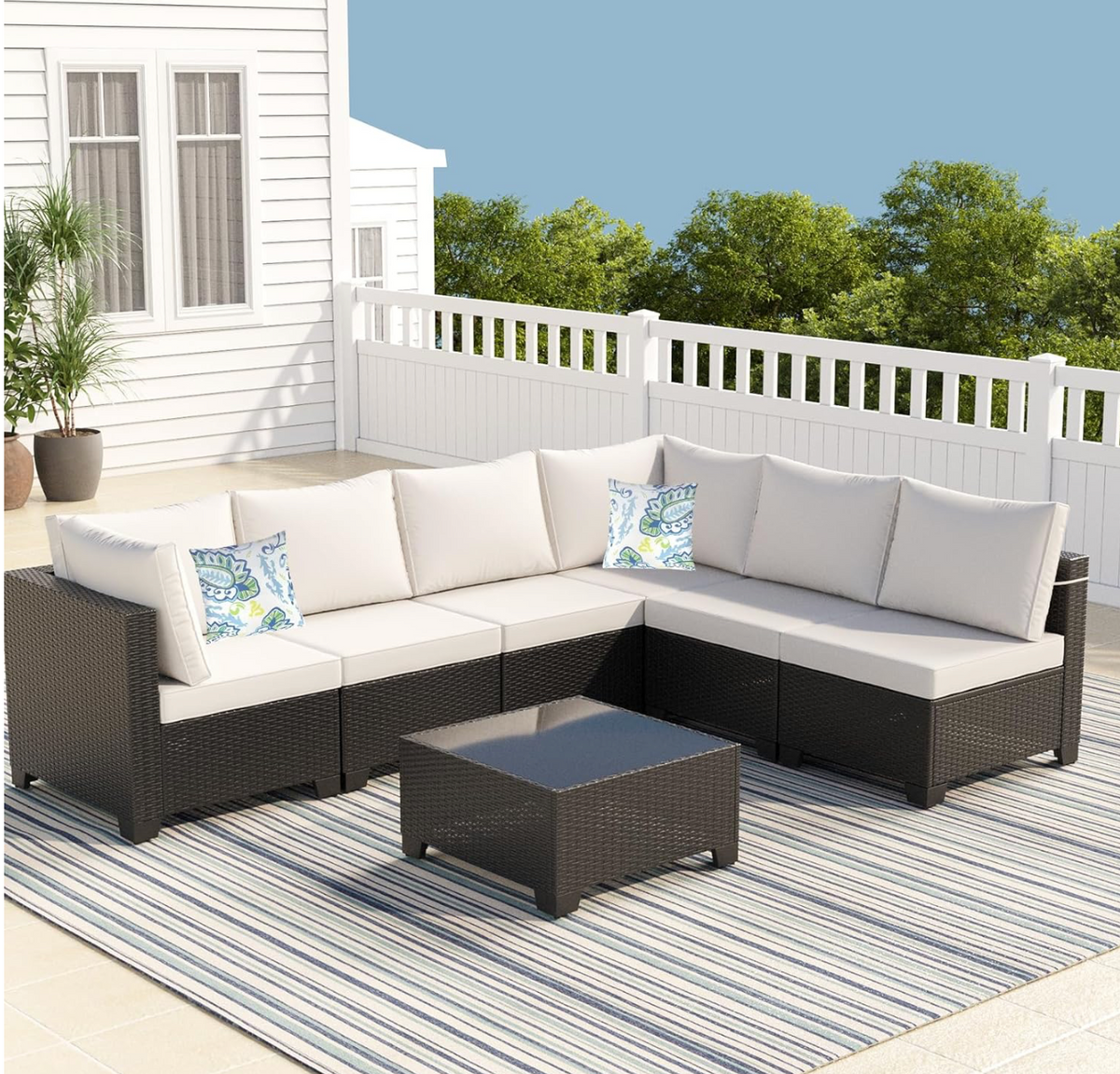 7-Piece Outdoor Wicker Patio Furniture Set with Sectional Sofa & Cushions