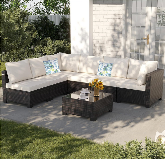 7-Piece Outdoor Wicker Patio Furniture Set with Sectional Sofa & Cushions