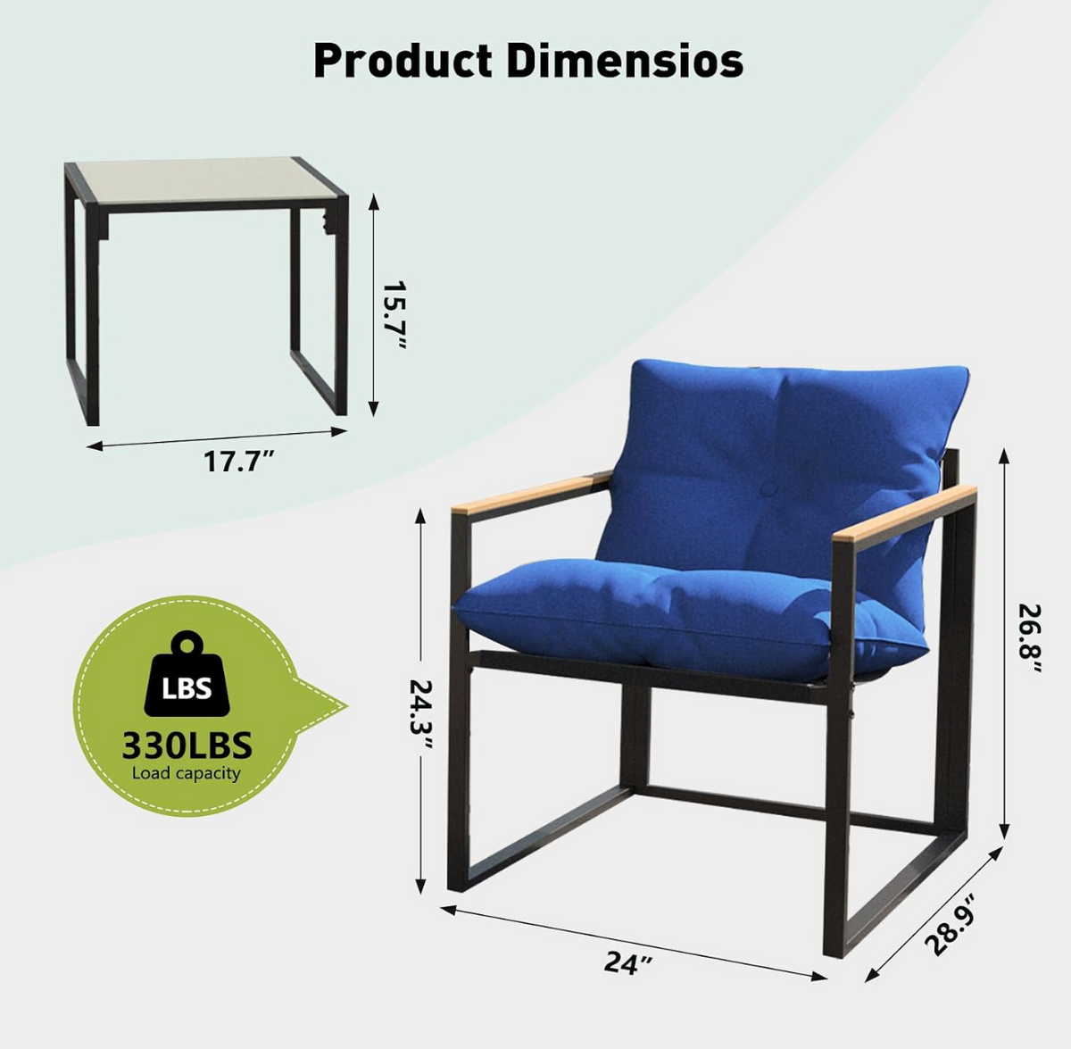 3-Piece Modern Metal Frame Sling Bistro Set with Cushions