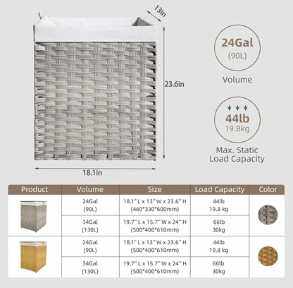 Boho Handcrafted Rattan Laundry Hamper with Dual Compartments, Liner & Lid