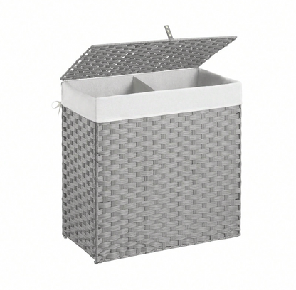 Boho Handcrafted Rattan Laundry Hamper with Dual Compartments, Liner & Lid
