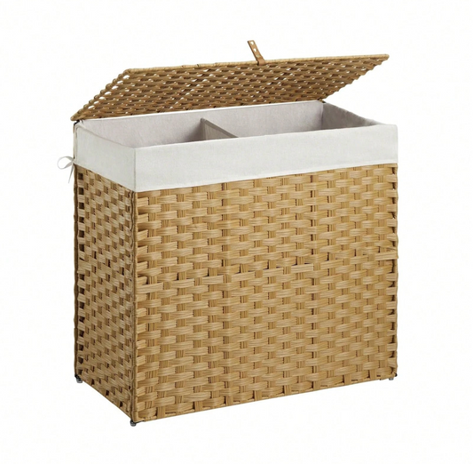 Boho Handcrafted Rattan Laundry Hamper with Dual Compartments, Liner & Lid