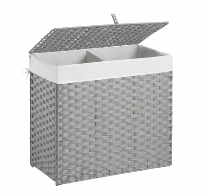 Boho Handcrafted Rattan Laundry Hamper with Dual Compartments, Liner & Lid