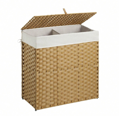 Boho Handcrafted Rattan Laundry Hamper with Dual Compartments, Liner & Lid