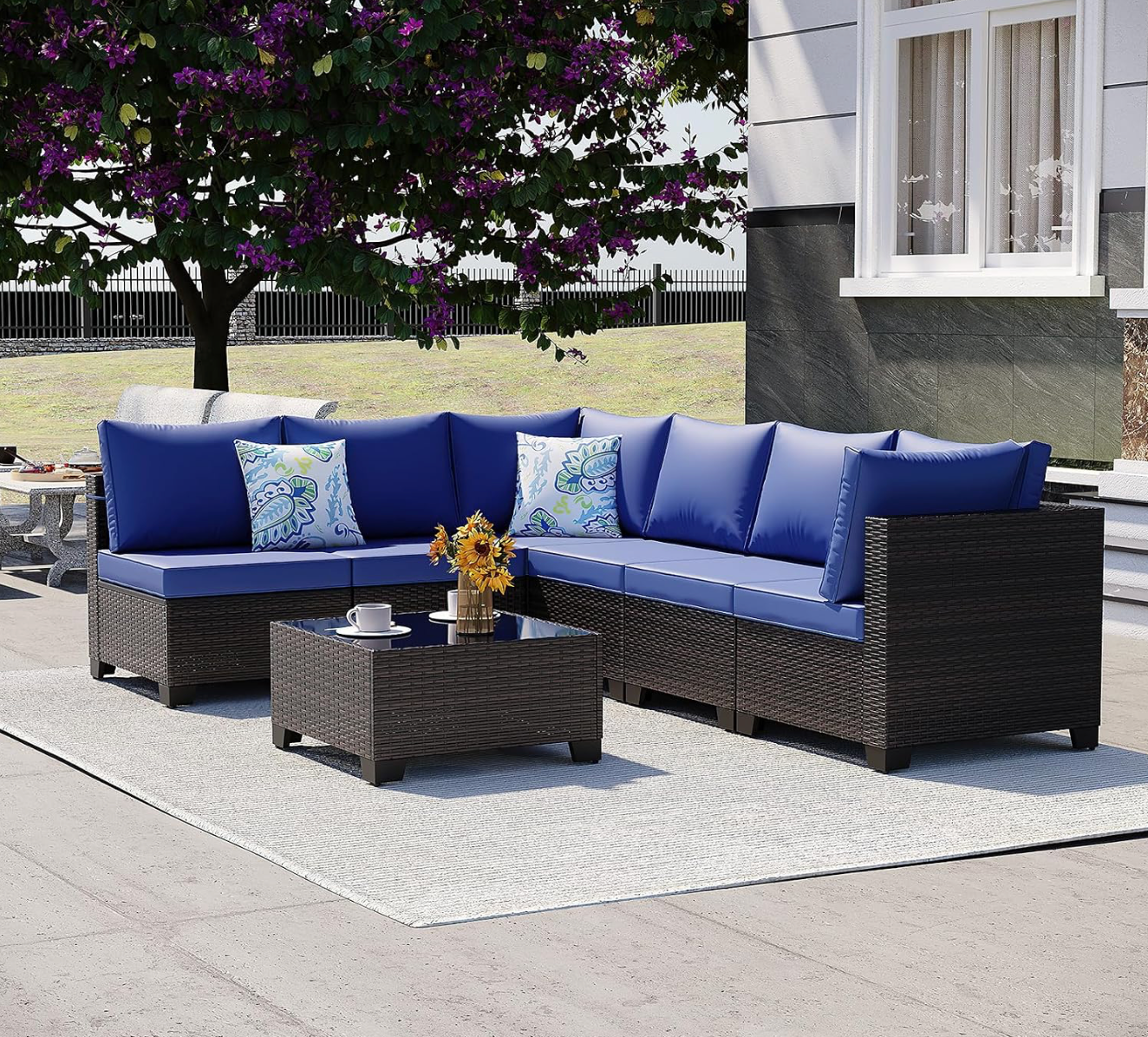 7-Piece Outdoor Wicker Patio Furniture Set with Sectional Sofa & Cushions